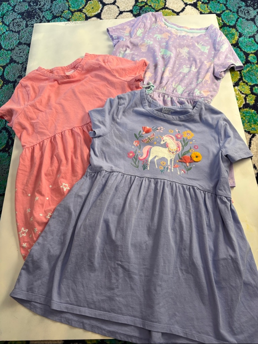 Bundle of 3 Lands' End Girls Cotton Dresses - Pink w/Stars, Purple w/ Unicorns